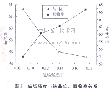 磁场强度与铁品位、回收率关系